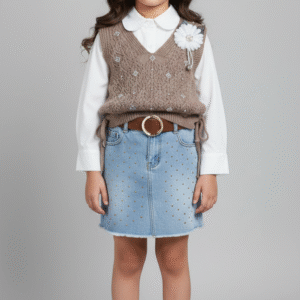 طقم بناتي تويد لبني وأبيض جاكيت بأزرار لؤلؤ وجيبة كلوش مكسرة ملابس مناسبات وأعياد ميلاد شيك.