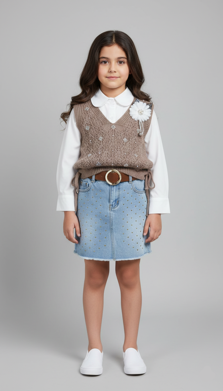 طقم بناتي تويد لبني وأبيض جاكيت بأزرار لؤلؤ وجيبة كلوش مكسرة ملابس مناسبات وأعياد ميلاد شيك.