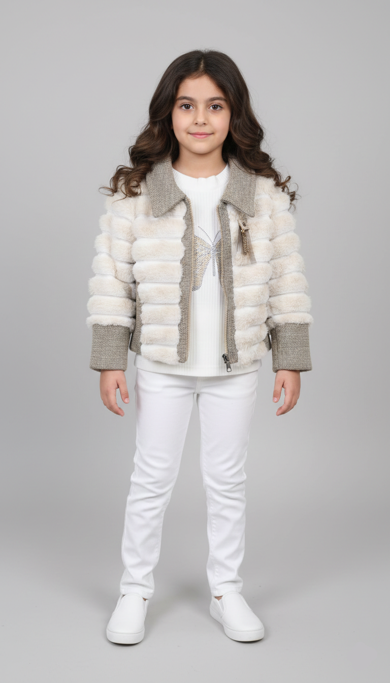 جاكيت فرو بناتي فخم بلون بيج وأبيض مبطن للتدفئة، مثالي للمناسبات وخروجات الشتاء الراقية.