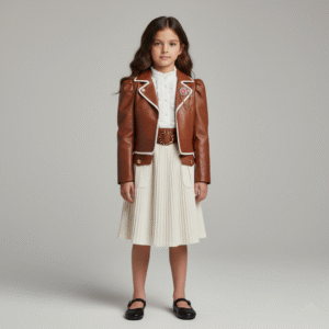 طقم بناتي جاكيت جلد هافان كروب وأكمام منفوخة مع جيبة بليسيه أوف وايت وقميص ببروش وردة ملابس مناسبات فخمة.