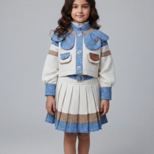 طقم بناتي تويد كريمي ولبني جاكيت بأزرار لؤلؤ وجيبة مكسرة ملابس خروج كلاسيك فخمة للأطفال.