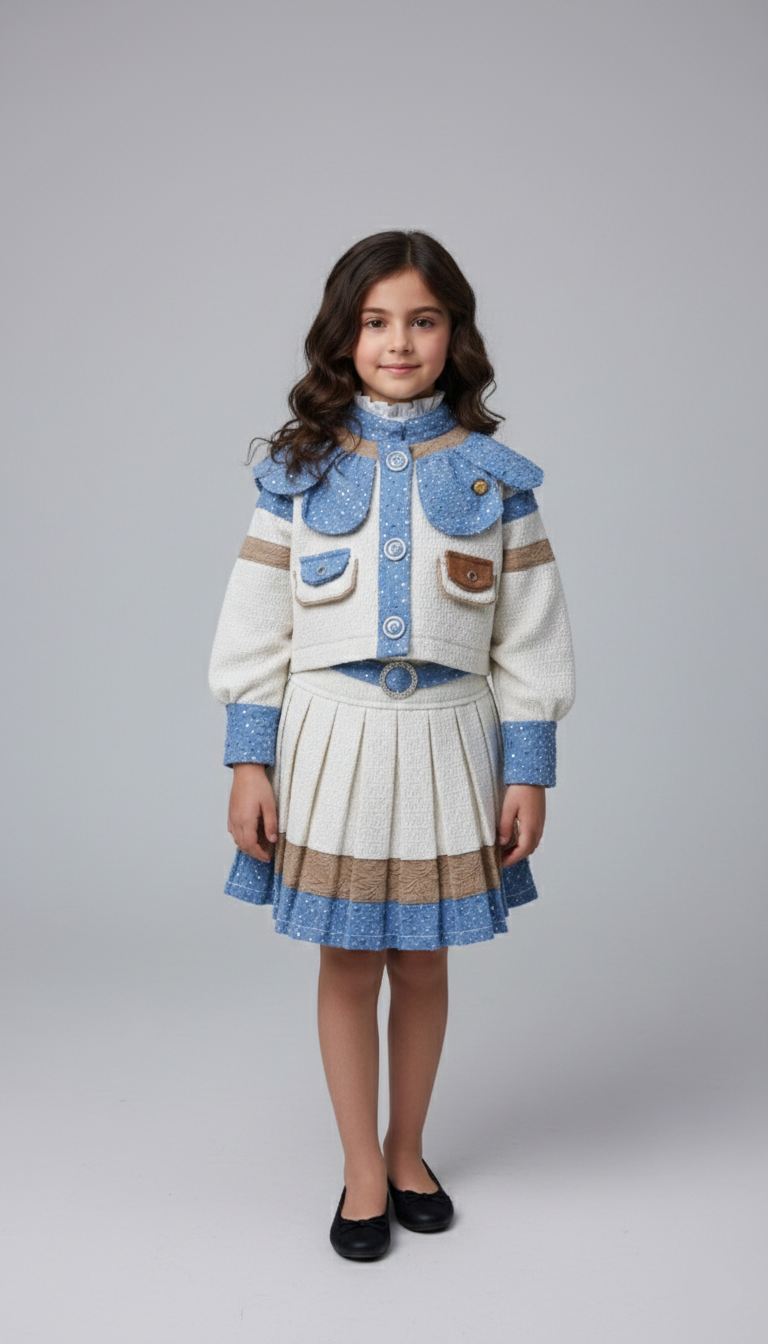 طقم بناتي تويد كريمي ولبني جاكيت بأزرار لؤلؤ وجيبة مكسرة ملابس خروج كلاسيك فخمة للأطفال.