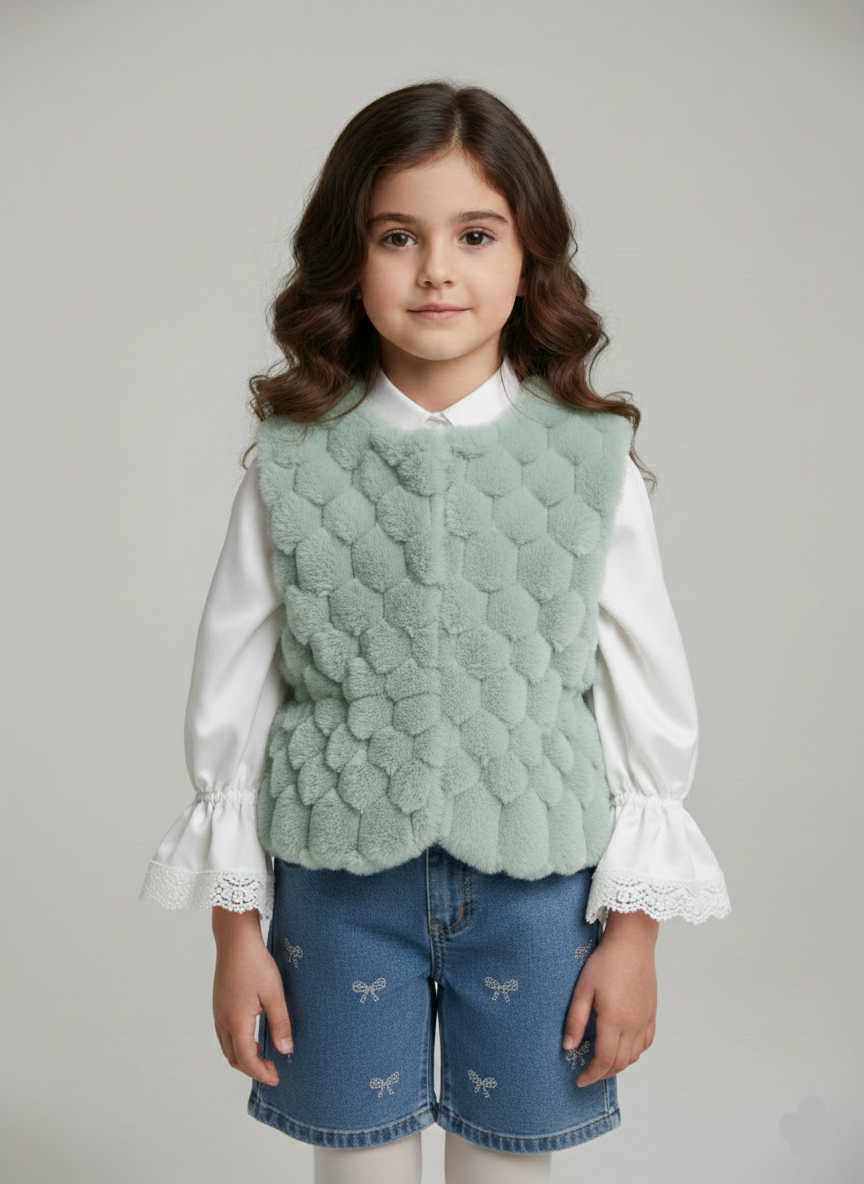 طقم بناتي فيست فرو مينت جرين بابلز وبلوزة بيضاء دانتيل مع شورت جينز مطرز بفيونكات فضي شيك.