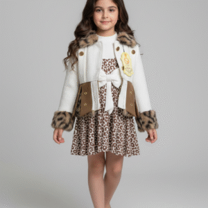 طقم بناتي جاكيت فرو بينك بابلز مع فستان جينز بفيونكة ملابس أطفال شتوية خروج شيك ودافئة.