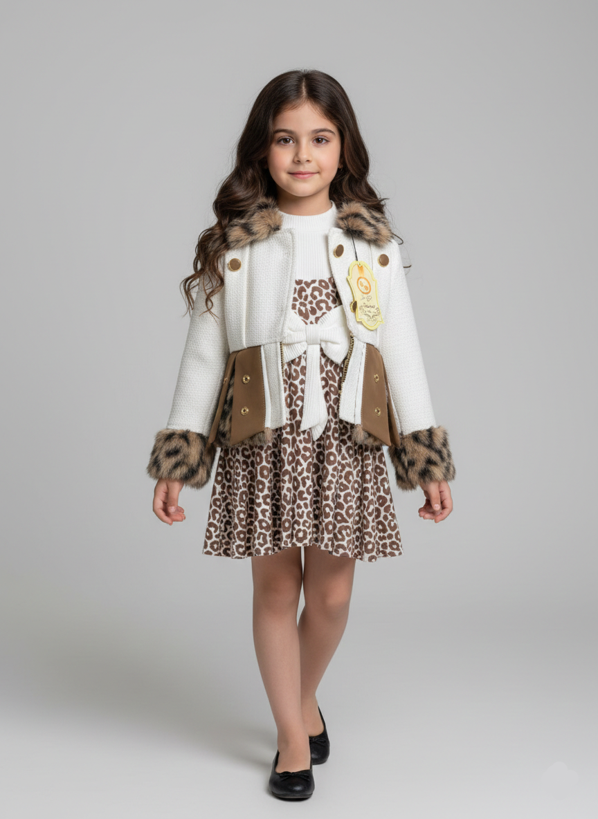 طقم بناتي جاكيت فرو بينك بابلز مع فستان جينز بفيونكة ملابس أطفال شتوية خروج شيك ودافئة.