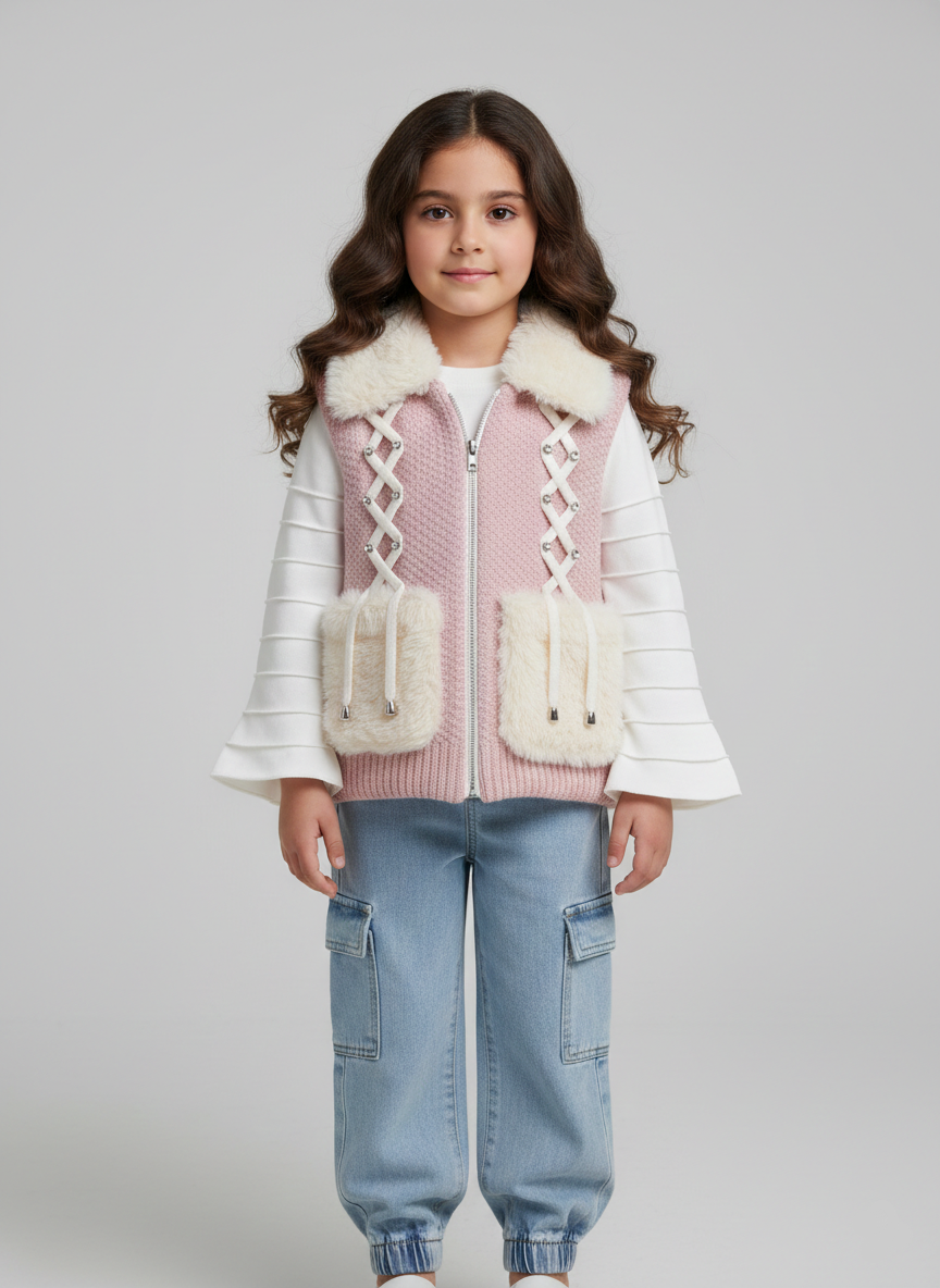 فيست بناتي تريكو بينك برباط أمامي وجيوب فرو مع بنطلون جينز كارغو ملابس خروج أطفال شتوية مودرن.