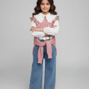 طقم كاجوال بناتي شيك مكون من فيست تريكو وردي وبنطلون جينز واسع بستايل عصري.