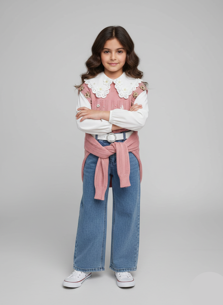 طقم كاجوال بناتي شيك مكون من فيست تريكو وردي وبنطلون جينز واسع بستايل عصري.