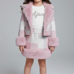 طقم بناتي جوخ كاروهات بينك بياقة وأساور فرو مع جيبة بكنار فرو ملابس أطفال شتوية خروج فاخرة.