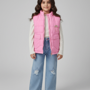 طقم بناتي فيست منفوخ بينك مع بنطلون جينز واسع بفتحات نجوم ملابس كاجوال شتوية للأطفال.