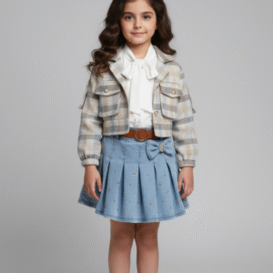 طقم بناتي شتوي جاكيت كاروهات قصير وجيبة جينز بليسيه مطرزة، ملابس أطفال خروج موديل 2026 في مصر