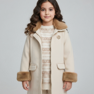 بالطو بناتي جوخ كريمي بياقة وأساور فرو بني مع بلوفر صوف منقوش وبنطلون فورمال خروجات شتاء.