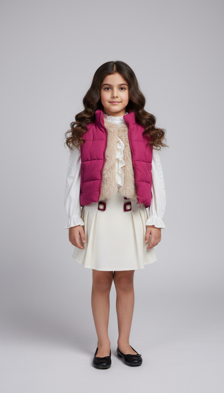 طقم بناتي جاكيت جوخ كاروهات بجيوب فرو وقميص أبيض مع بنطلون جينز واسع مطرز بفيونكات ملابس خروج شتوية راقية.