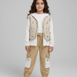 طقم كارجو بناتي بيج مطرز، ملابس أطفال كاجوال شتاء 2026، بنطلون جيوب وفيست مطرز في مصر