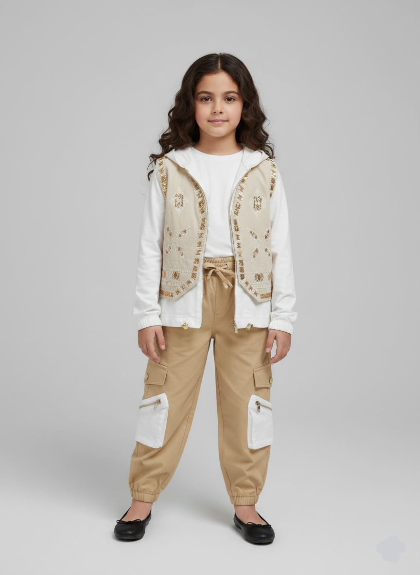 طقم كارجو بناتي بيج مطرز، ملابس أطفال كاجوال شتاء 2026، بنطلون جيوب وفيست مطرز في مصر