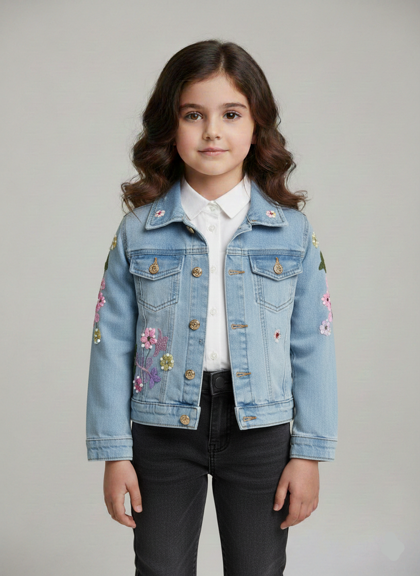 فيست بناتي مبطن سيمون ببروش تاج وسلسلة مع بنطلون جينز واسع بنجوم ملابس أطفال خروج مودرن وشيك.