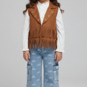 طقم بناتي فيست شمواه هافان بشراشيب وقميص أبيض مع بنطلون جينز واسع مطبوع ملابس خروج كاجوال شيك.