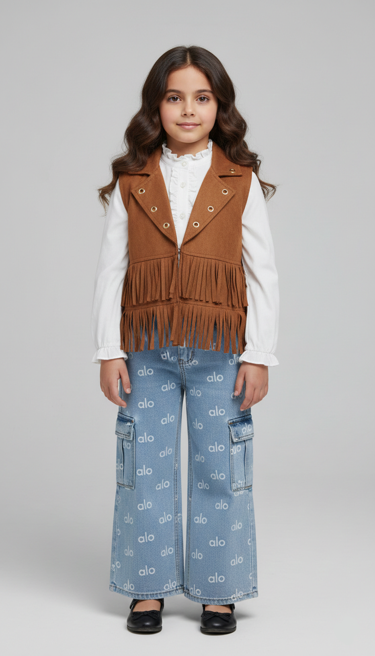 طقم بناتي فيست شمواه هافان بشراشيب وقميص أبيض مع بنطلون جينز واسع مطبوع ملابس خروج كاجوال شيك.