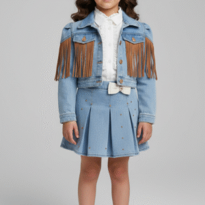 طقم بناتي كاردجان تريكو فيروزي بفيونكات مع بنطلون جينز واسع مطرز بفيونكات ملابس خروج شتوية مودرن.