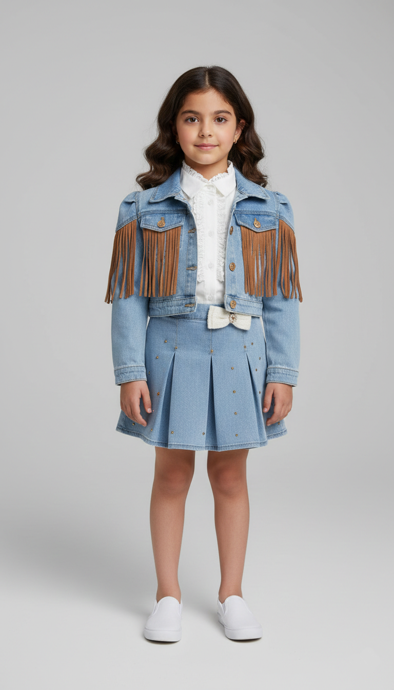 طقم بناتي كاردجان تريكو فيروزي بفيونكات مع بنطلون جينز واسع مطرز بفيونكات ملابس خروج شتوية مودرن.