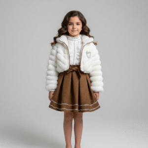 طقم بناتي شتوي جاكيت فرو أبيض قصير وجيبة كلوش بني بكسرات ملابس مناسبات فخمة للأطفال.