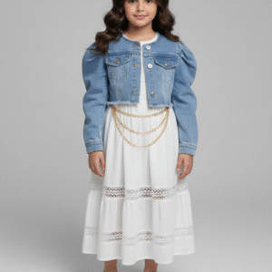فستان بناتي أبيض دانتيل بسلاسل ذهبية مع جاكيت جينز قصير أكمام منفوخة ملابس خروج صيفية شيك.