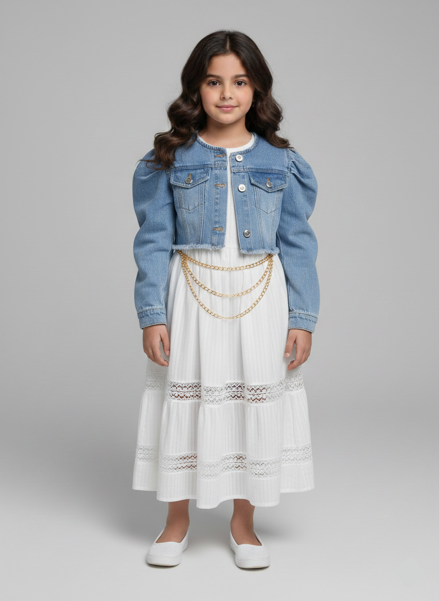 فستان بناتي أبيض دانتيل بسلاسل ذهبية مع جاكيت جينز قصير أكمام منفوخة ملابس خروج صيفية شيك.