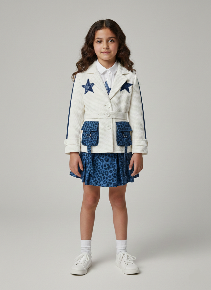 طقم بناتي شيك جاكيت أبيض بنجوم كحلي وجيبة قصيرة منقوشة ملابس خروج للأطفال كلاسيك ومودرن