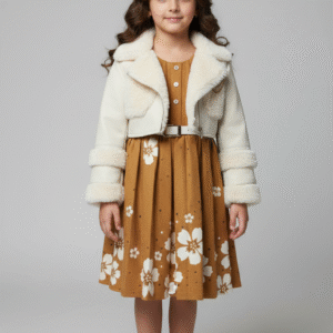 فستان بناتي مستردة مشجر مع جاكيت فرو أبيض وحزام، ملابس أطفال شتوية فخمة للمناسبات.