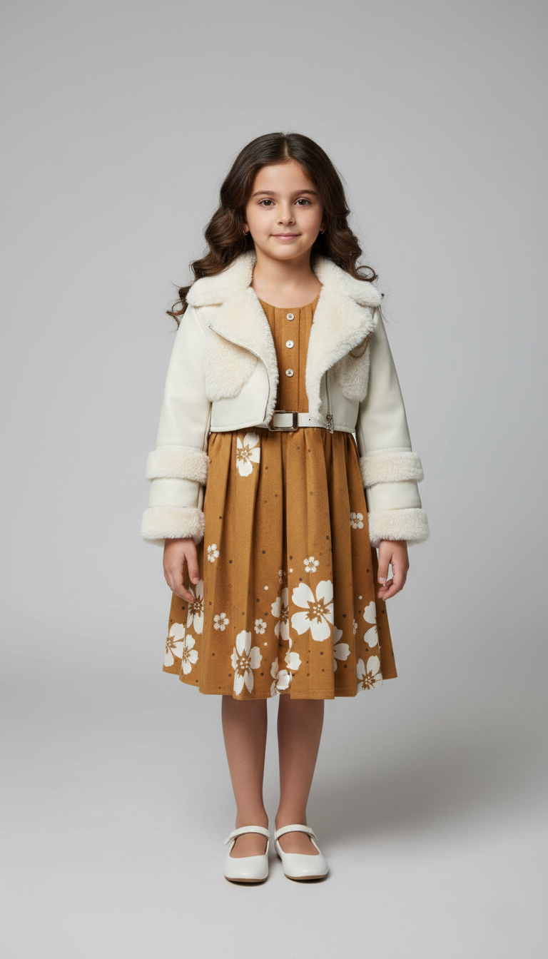 فستان بناتي مستردة مشجر مع جاكيت فرو أبيض وحزام، ملابس أطفال شتوية فخمة للمناسبات.