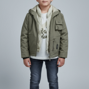 جاكيت أطفال شتوي زيتي مبطن بقلنسوة وتيشرت أبيض مع بنطلون جينز غامق.