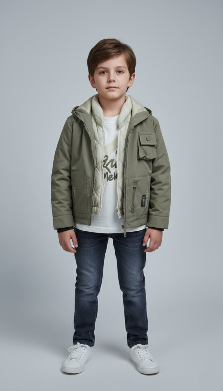 جاكيت أطفال شتوي زيتي مبطن بقلنسوة وتيشرت أبيض مع بنطلون جينز غامق.