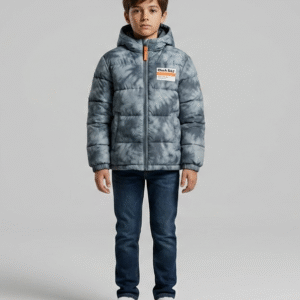 جاكيت بافر ولادي ووتر بروف لون رمادي رخامي بغطاء رأس، ملابس شتوية للأطفال تريند 2026.