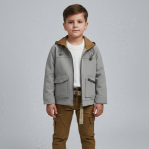 طقم ولادي كاجوال جاكيت رمادي بكابيشوه وبنطلون كارجو جملي - ملابس أطفال شتوية عصرية.