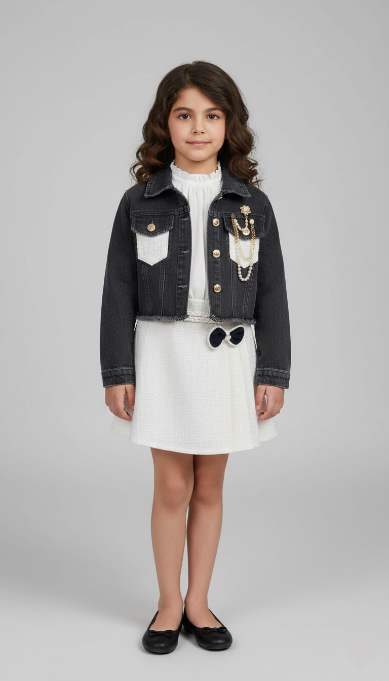 فستان جينز رمادي بناتي مطرز بورد أبيض مع كارديجان تريكو لولي، أحدث ملابس أطفال بنات خروج 2026 في مصر