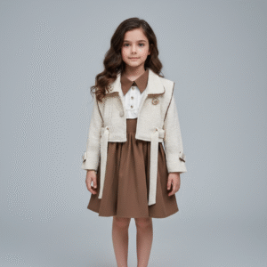 طقم بناتي شتوي فستان بني وجاكيت تويد أبيض، ملابس أطفال خروج راقية موضة 2026 في مصر
