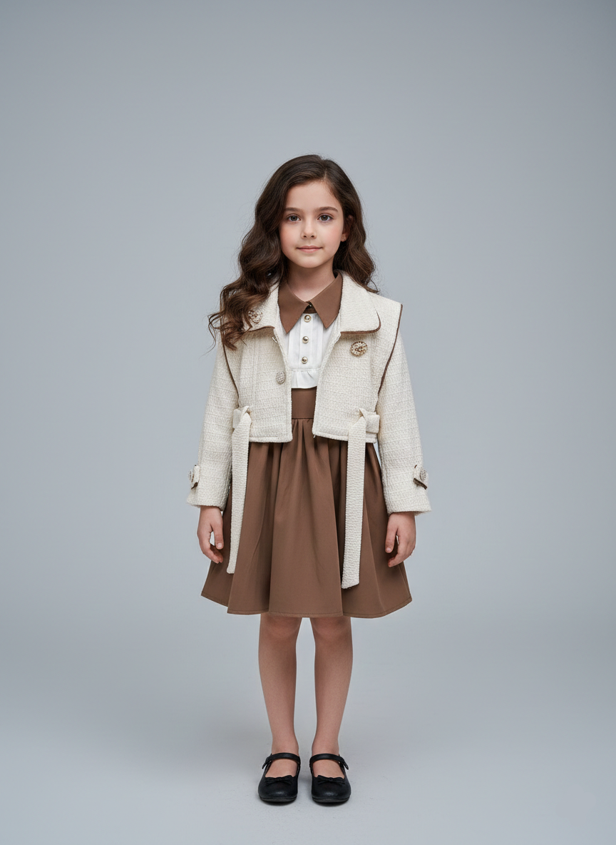 طقم بناتي شتوي فستان بني وجاكيت تويد أبيض، ملابس أطفال خروج راقية موضة 2026 في مصر