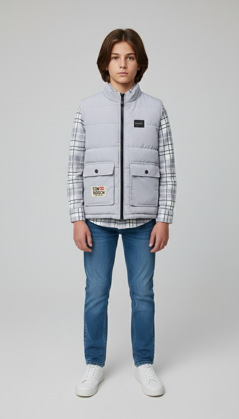 فست رمادي فاتح أطفال وشبابي، جيوب أمامية بكباسين، ملابس خروج شتوية مريحة، وتر بروف مودرن.