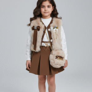 طقم شتوي بناتي فاخر بفيست فرو وجيبة بليسيه بني، ملابس أطفال خروج موديل 2026 في مصر
