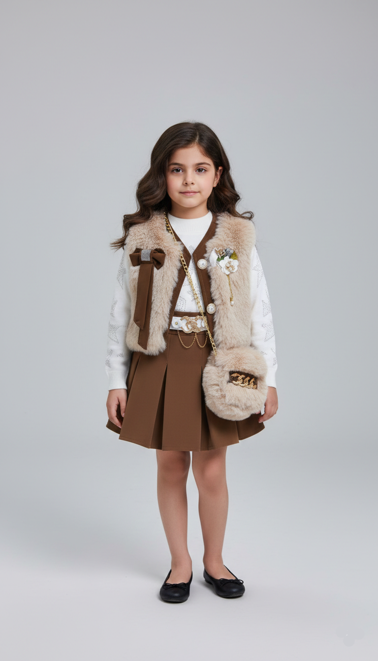 طقم شتوي بناتي فاخر بفيست فرو وجيبة بليسيه بني، ملابس أطفال خروج موديل 2026 في مصر