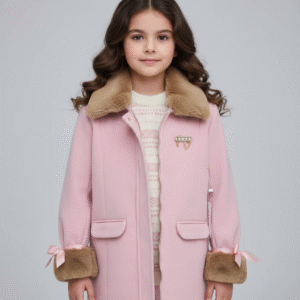 طقم شتوي بناتي راقي بلون وردي، كوت صوف بياقة فرو وبروش لولي، موضة شتاء 2026 للبنات في مصر.