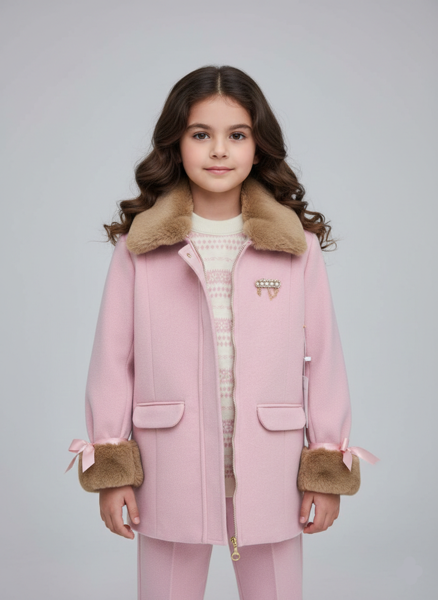 طقم شتوي بناتي راقي بلون وردي، كوت صوف بياقة فرو وبروش لولي، موضة شتاء 2026 للبنات في مصر.