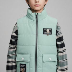 ڤيست أطفال منفوخ لون مينت جرين مع قميص كاروهات أخضر ورمادي - ملابس خريف وشتاء مصرية.