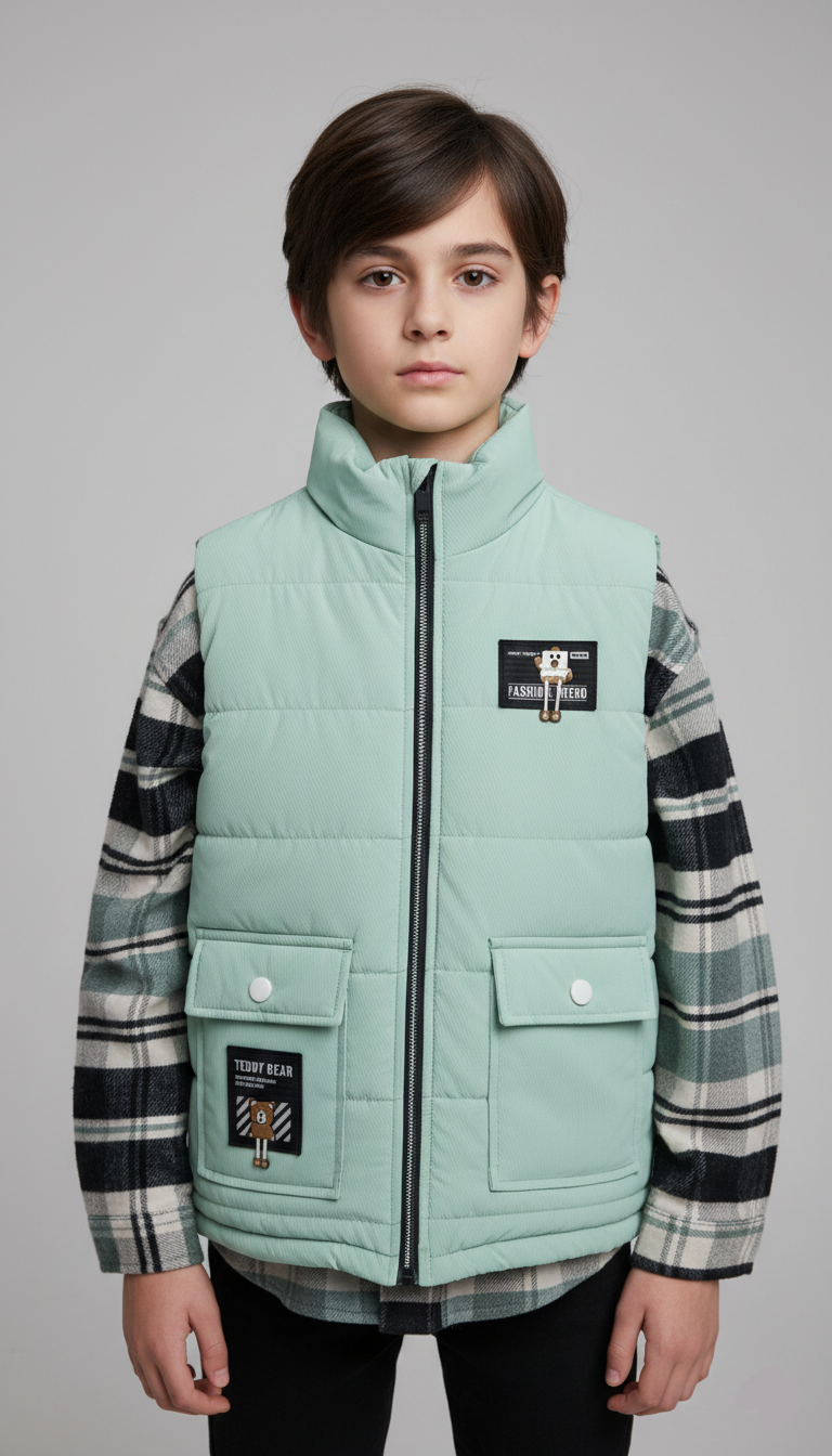 ڤيست أطفال منفوخ لون مينت جرين مع قميص كاروهات أخضر ورمادي - ملابس خريف وشتاء مصرية.