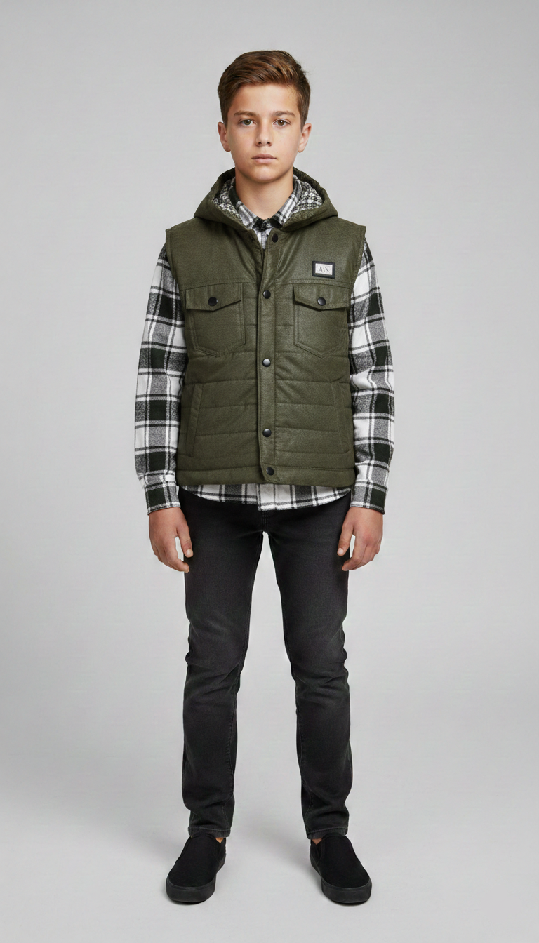 فيست شبابي زيتي مبطن بهودي فوق قميص كاروهات أبيض في أسود وبنطلون جينز غامق ملابس شتوي للشباب.