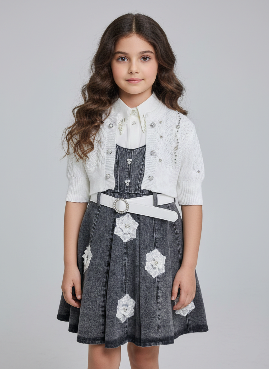 فستان جينز رمادي بناتي مطرز بورد أبيض مع كارديجان تريكو لولي، ملابس أطفال خروج شيك موديل 2026 في مصر