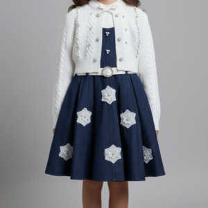 طقم بناتي فستان جينز غامق منقوش بورد مع كارديجان أبيض لولي وحزام، ملابس خروج أطفال فخمة.