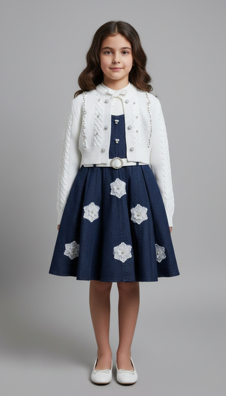 طقم بناتي فستان جينز غامق منقوش بورد مع كارديجان أبيض لولي وحزام، ملابس خروج أطفال فخمة.