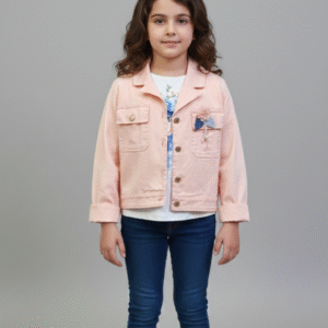 جاكيت جينز بناتي وردي مطرز بجيوب أمامية، ملابس أطفال خروج كاجوال شيك.