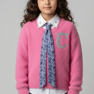 بلوفر بناتي موهير بينك مطرز بحرف كريستال مع قميص أبيض وكرافتة زرقاء، أحدث صيحات ملابس شتاء البنات.